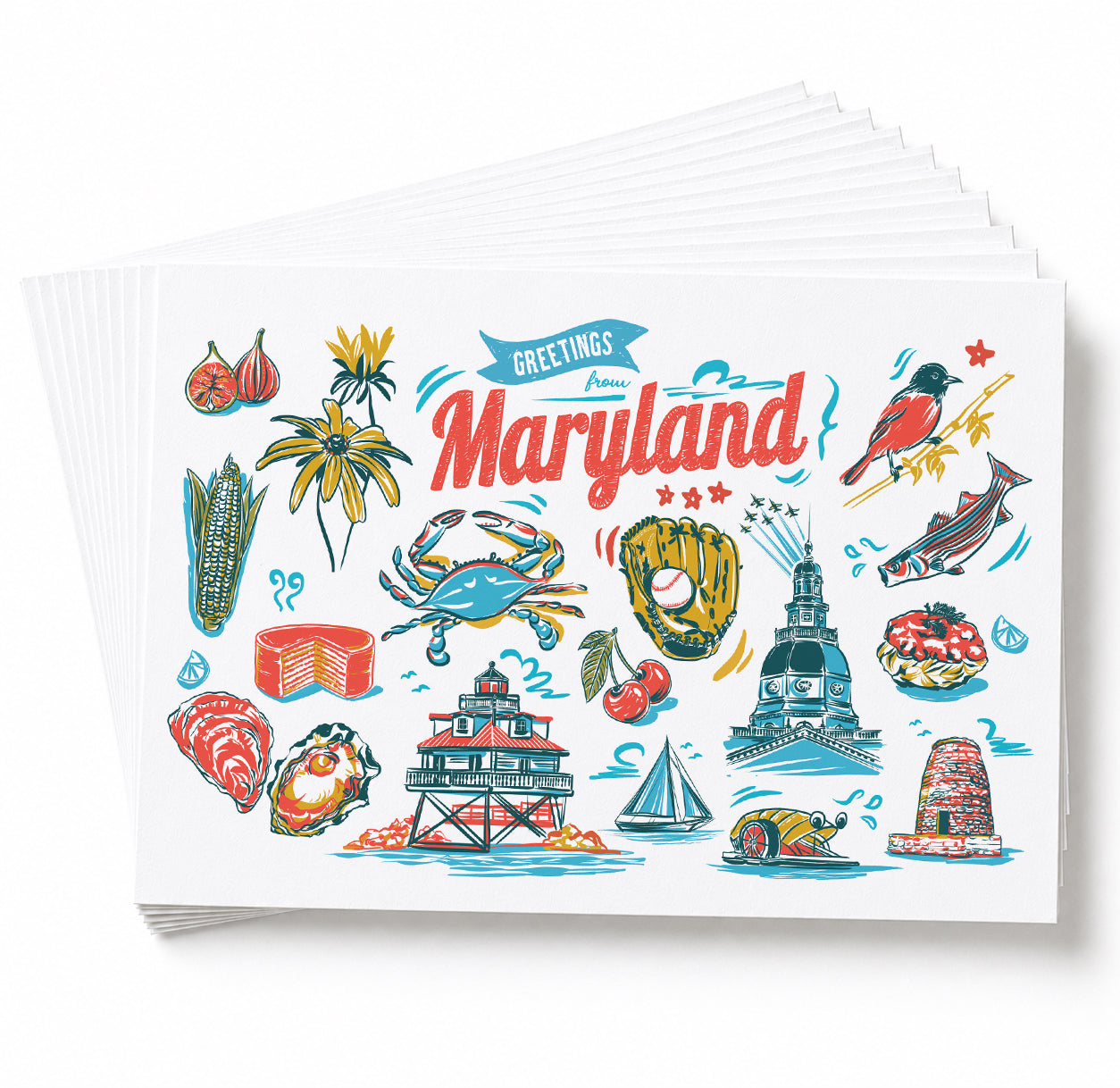 A stack of greeting cards fanned out on a white background, with the top card reading 'Greetings from Maryland' and featuring colorful hand-drawn illustrations of local foods, landmarks, and symbols.