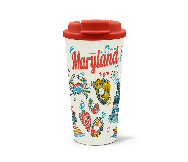 Travel mug with 'Maryland' design featuring a crab, fish, and other elements on a white background.