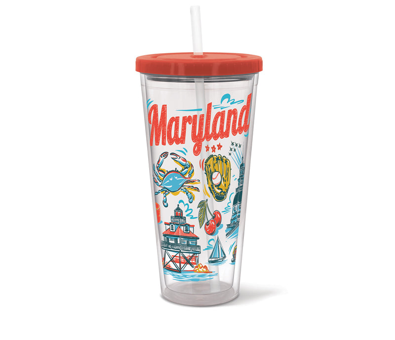 Clear tumbler with red lid featuring Maryland-themed illustrations on a white background