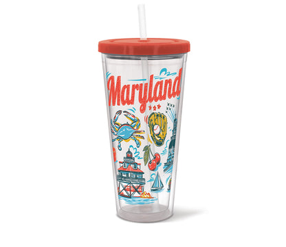 Clear tumbler with red lid featuring Maryland-themed illustrations on a white background