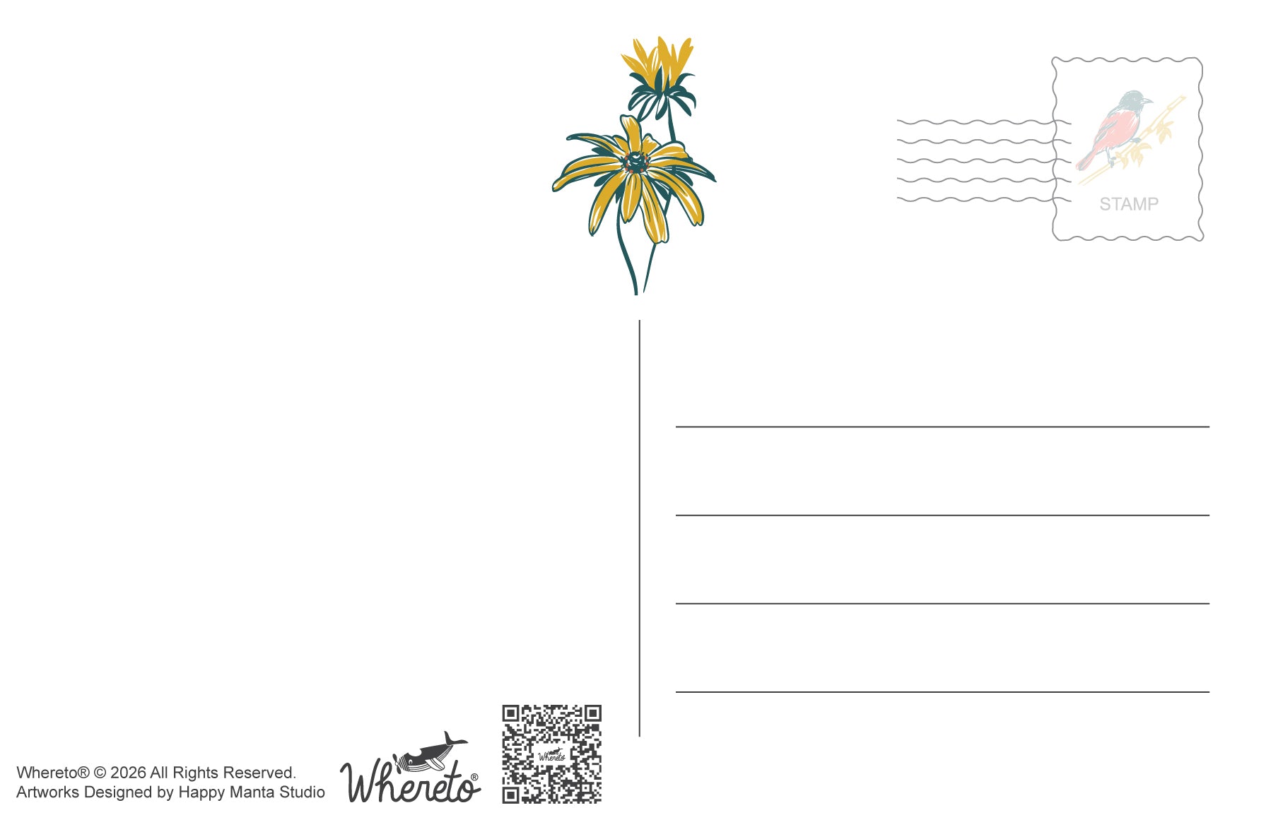 A white postcard-style art print with a small yellow and green flower illustration near the top center, a postage stamp graphic with a bird on the upper right, horizontal writing lines on the right, and small artist text and a QR code at the bottom left.