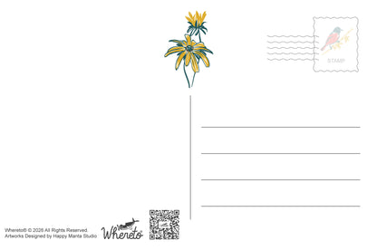 A white postcard-style art print with a small yellow and green flower illustration near the top center, a postage stamp graphic with a bird on the upper right, horizontal writing lines on the right, and small artist text and a QR code at the bottom left.