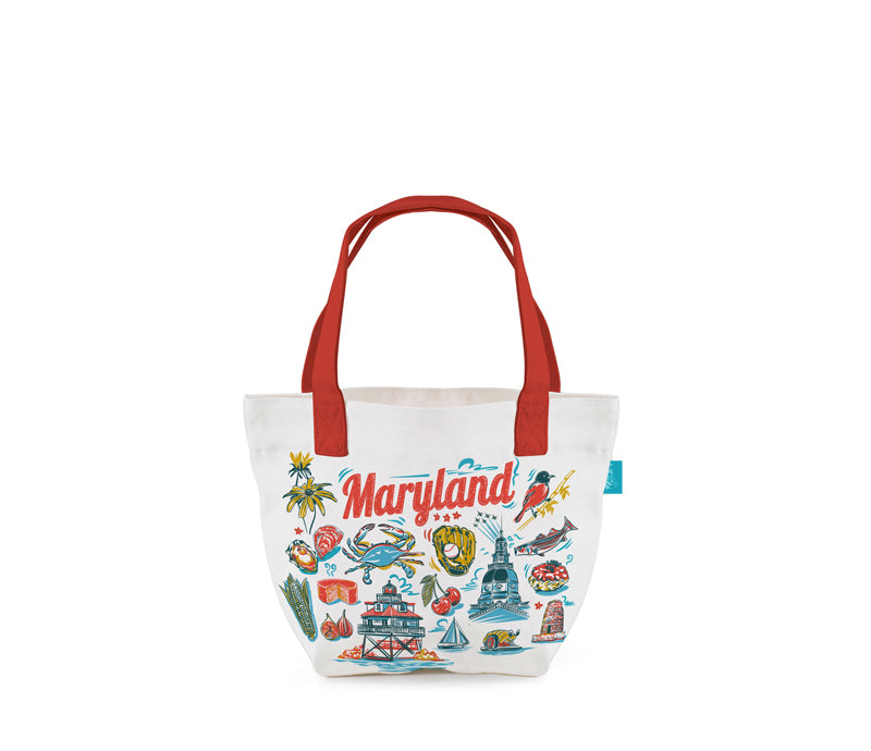 A white canvas tote bag with red handles and a colorful 'Maryland' illustration printed on the front, set against a plain white background.