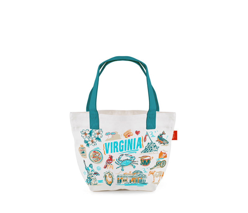 A white canvas tote bag with teal handles and a colorful 'Virginia' beach-themed graphic print on the front, shown against a plain white background.