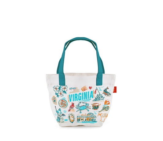 A white canvas tote bag with teal handles and a colorful 'Virginia' beach-themed graphic print on the front, shown against a plain white background.