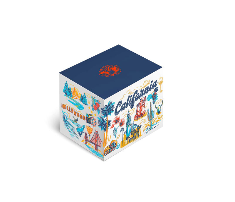 Cube-shaped product with colorful design on a white background