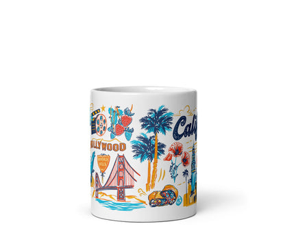 Mug with colorful California-themed design on a white background