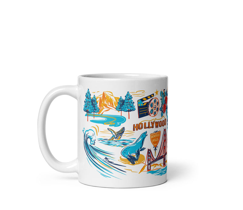 White mug with colorful Hollywood-themed design featuring palm trees, a clapboard, and a surfboard on a white background.