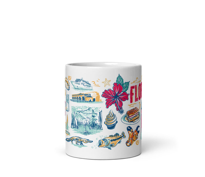 Mug with Florida-themed illustrations on a white background