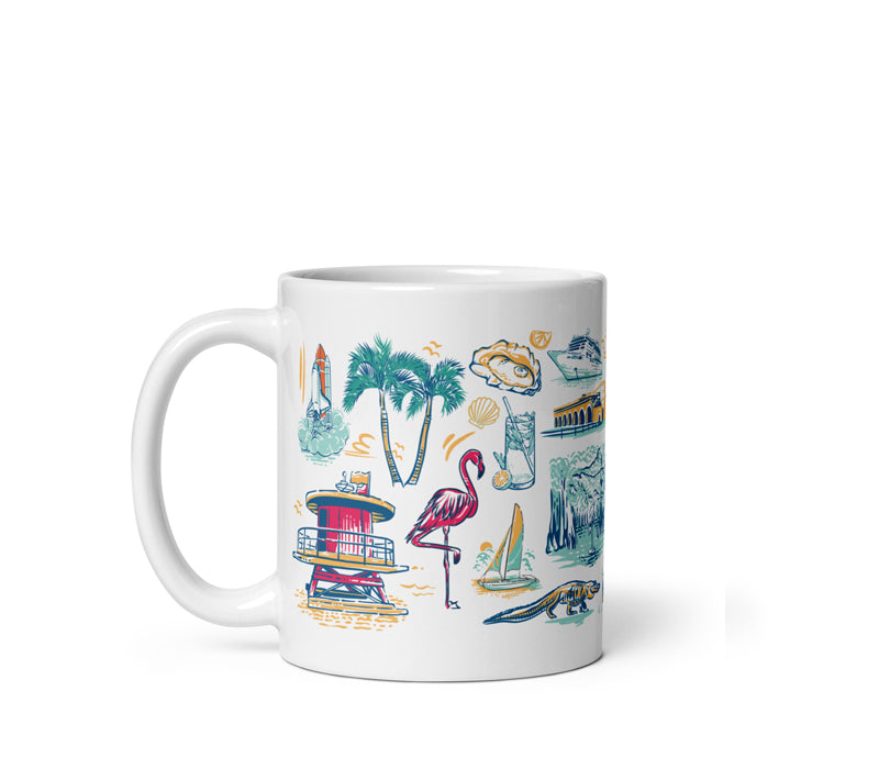 White mug with colorful beach-themed illustrations on a white background