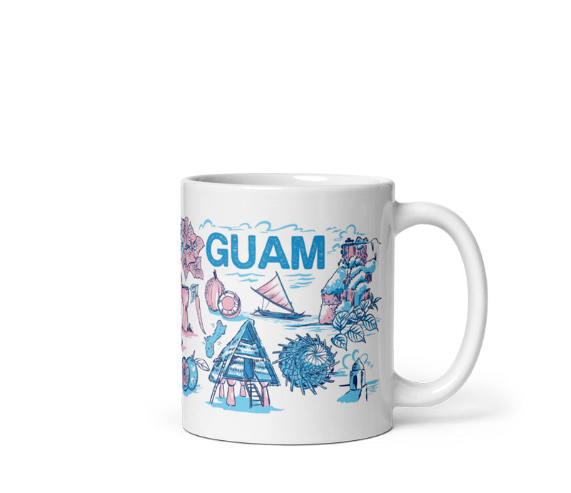 A white ceramic mug featuring a colorful blue and pink illustration of Guam landmarks and the word 'GUAM' in blue, shown on a clean white background.