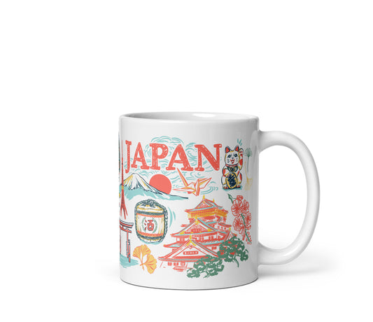 White mug with colorful Japanese-themed illustrations on a white background