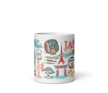 White mug with colorful Japanese-themed illustrations on a white background