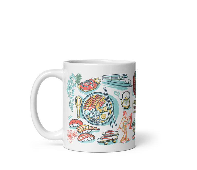 White mug with colorful illustrations of sushi and Japanese food on a white background