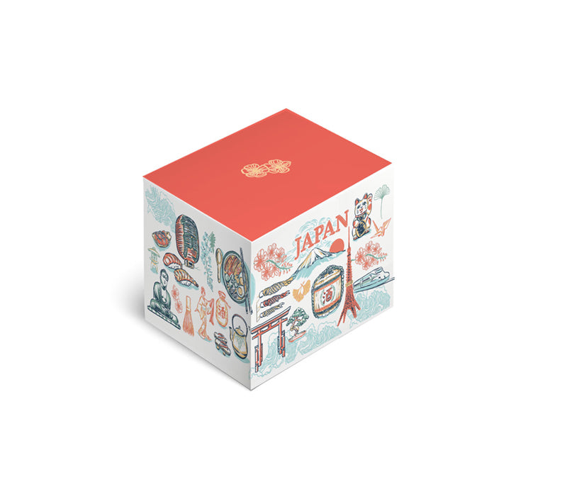Cube-shaped box with Japanese-themed illustrations on a white background