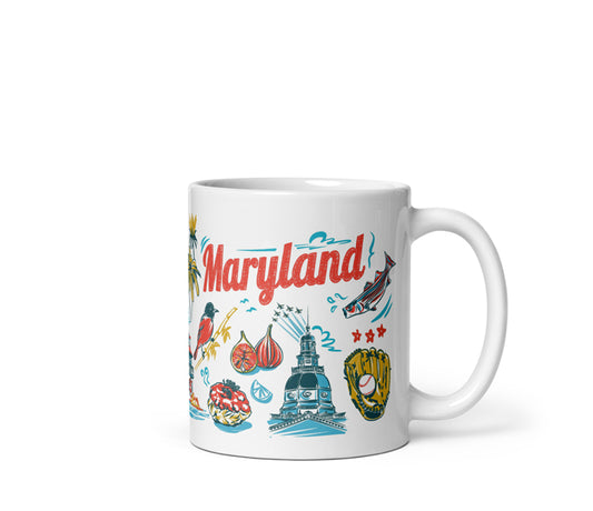 White mug with colorful Maryland-themed illustrations on a white background