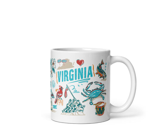 White mug with colorful 'Virginia' design featuring icons on a white background
