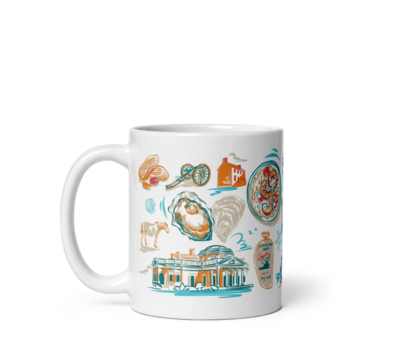 White mug with colorful illustrations on a white background