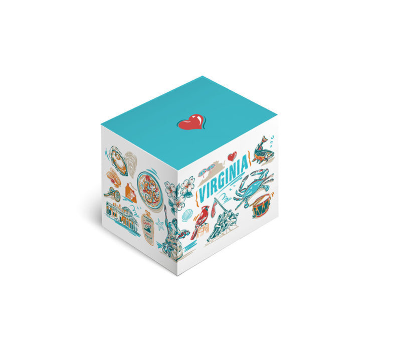 Cube-shaped box with Virginia-themed illustrations on a white background