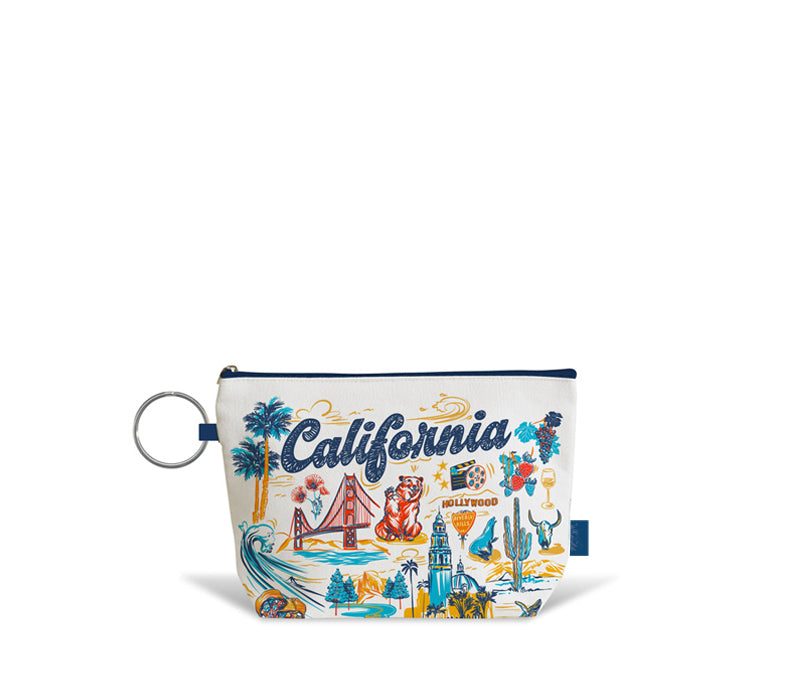 A small zip pouch with a California-themed illustration on a white background, featuring a metal key ring attachment and a small blue fabric tag on the right side.