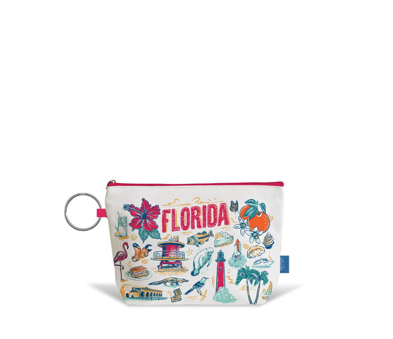 A small zippered pouch with a Florida-themed illustrated print on a white background, featuring a silver key ring attachment and a small blue tag on the side.