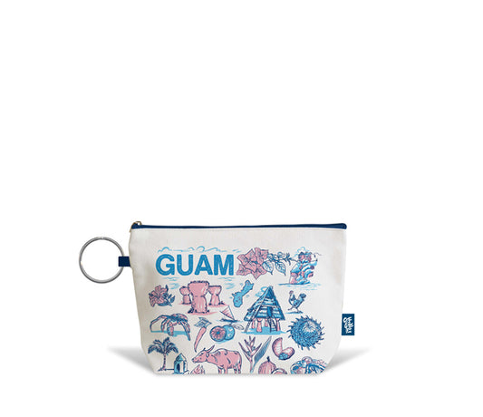 A white zippered pouch with a blue zipper and a silver key ring, decorated with a blue and pink tropical illustration and the word 'GUAM' in blue. A small blue tag is visible on the right side.