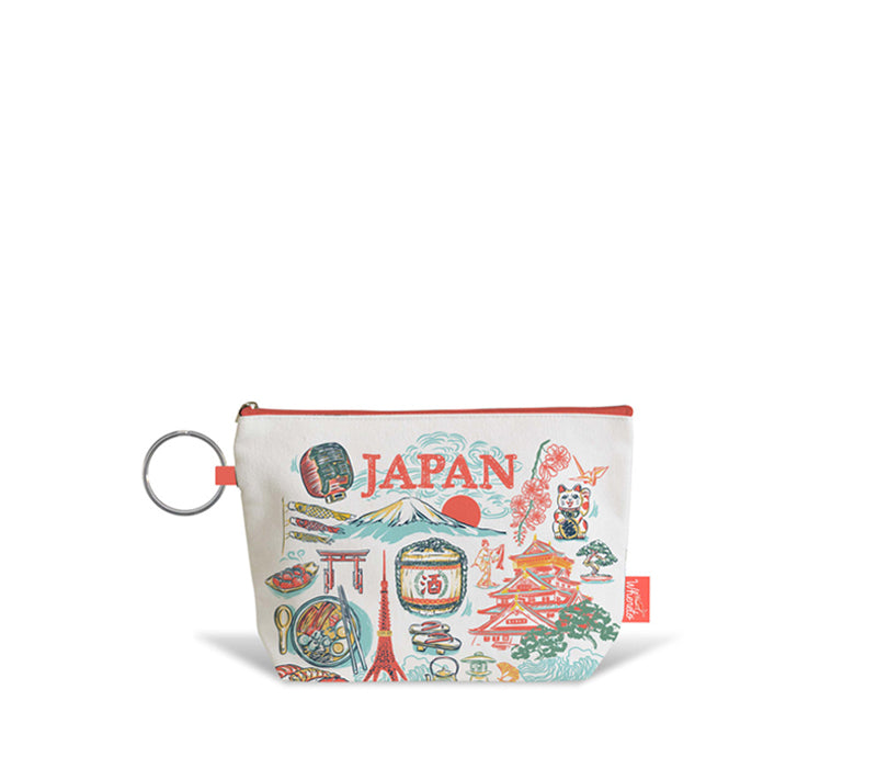 A small zippered pouch with a silver key ring, featuring a colorful Japan-themed illustration on a white background with red trim.