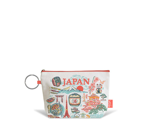 A small zippered pouch with a silver key ring, featuring a colorful Japan-themed illustration on a white background with red trim.