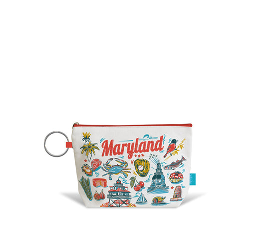 A white zippered pouch featuring a colorful Maryland-themed illustration print with the word 'Maryland' in red script, shown on a clean white background with a metal key ring attached.