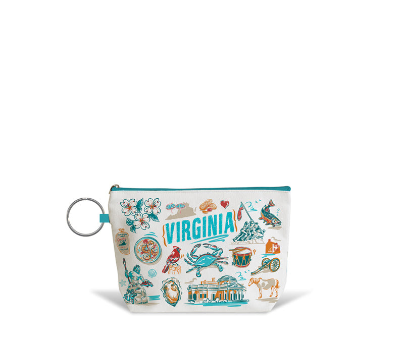 A white zippered pouch with a turquoise zipper and a silver key ring, decorated with colorful illustrations of Virginia landmarks and the word 'VIRGINIA' in turquoise, shown on a white background.