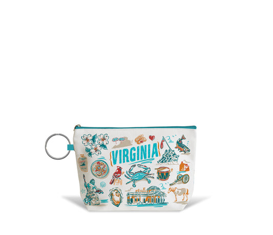 A white zippered pouch with a turquoise zipper and a silver key ring, decorated with colorful illustrations of Virginia landmarks and the word 'VIRGINIA' in turquoise, shown on a white background.