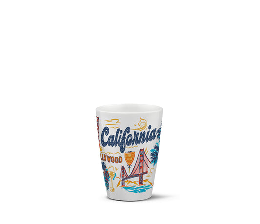 Ceramic shotglass with California-themed design on a white background
