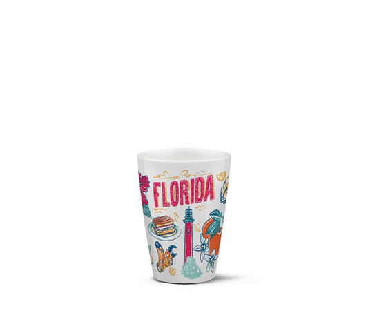 Colorful ceramic shotglass with 'Florida' text and icons on a white background