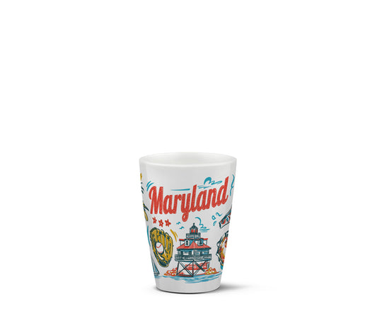 Ceramic shotglass with 'Maryland' design on a white background
