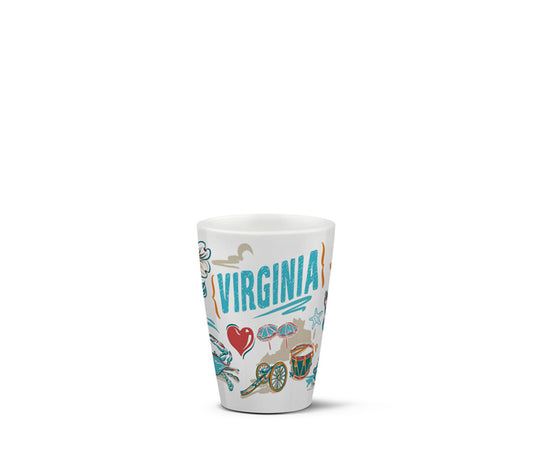 Ceramic shotglass with 'Virginia' design on a white background