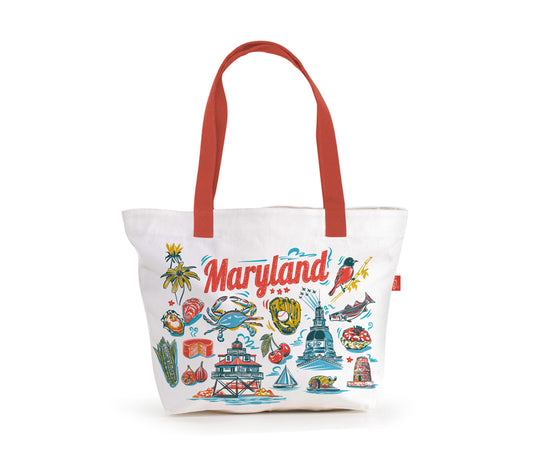 Tote bag with 'Maryland' and various icons on a white background