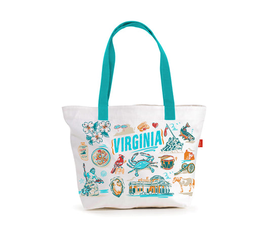 Tote bag with 'Virginia' design featuring various icons on a white background