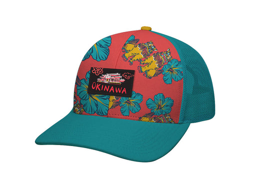 Okinawa Trucker Hat, Shisa Hibiscus