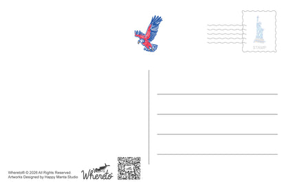 A white postcard-style print with a small red, white, and blue eagle illustration near the top center, a postage stamp graphic with the Statue of Liberty in the top right, writing lines on the right, and small printed text/logo elements at the bottom left.