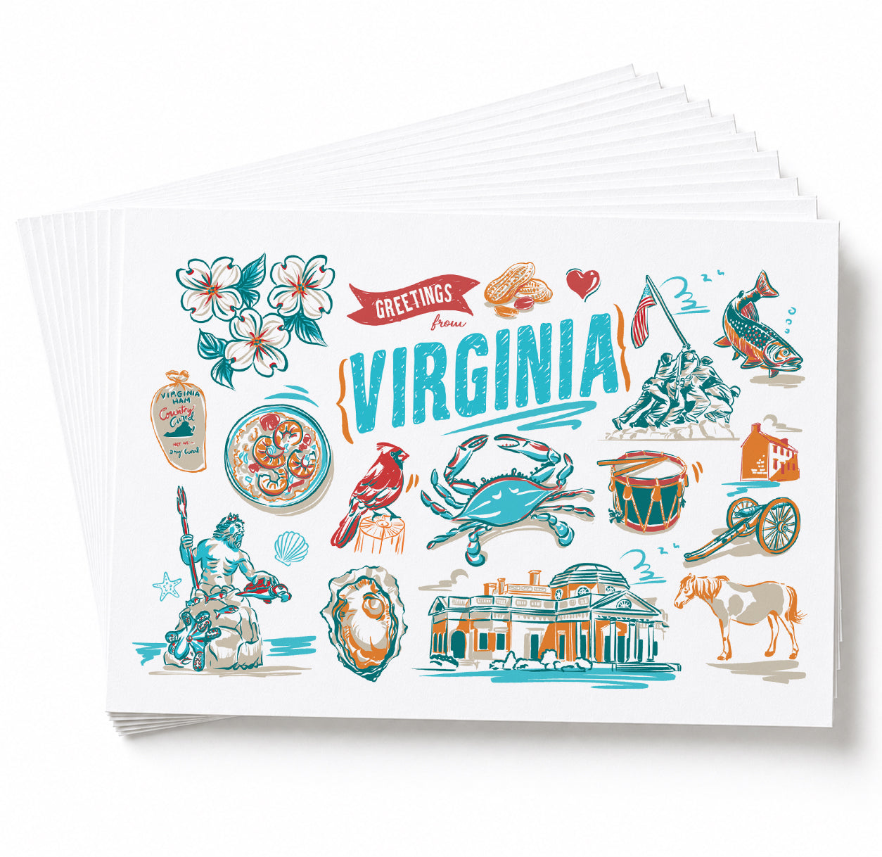 A stack of white greeting cards fanned out on a white background, featuring colorful illustrated landmarks and symbols related to Virginia, with the word "VIRGINIA" in large teal letters at the center.