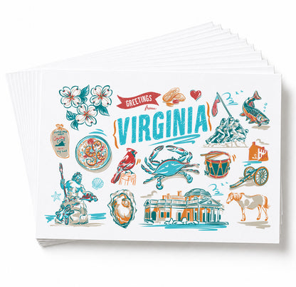 A stack of white greeting cards fanned out on a white background, featuring colorful illustrated landmarks and symbols related to Virginia, with the word "VIRGINIA" in large teal letters at the center.