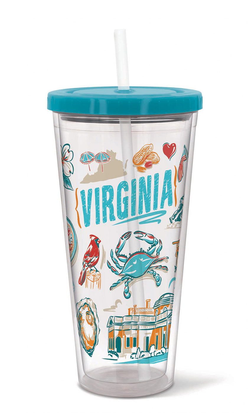 20-ounce BPA-free plastic cup with straw, decorated with colorful Virginia imagery, including state symbols and historic landmarks.