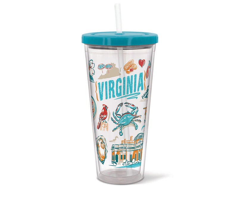 Clear tumbler with Virginia-themed design and blue lid on a white background