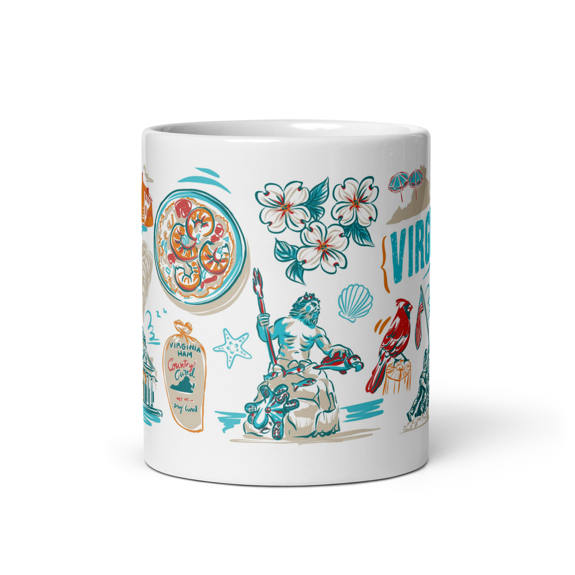 14-ounce ceramic mug decorated with colorful Virginia imagery, including state symbols and historic landmarks.