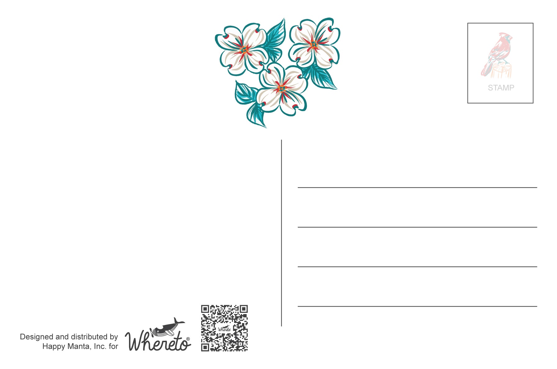 A white postcard or stationery card design with three teal and white cherry blossom flowers at the top center, a small bird stamp in the upper right, blank writing lines on the right, and printed distributor text and a QR code at the bottom left.