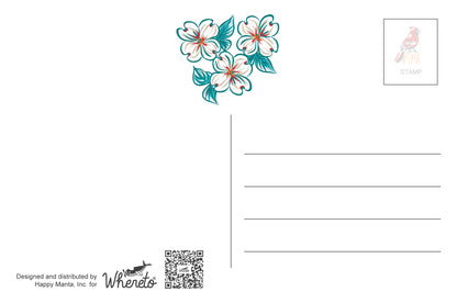 A white postcard or stationery card design with three teal and white cherry blossom flowers at the top center, a small bird stamp in the upper right, blank writing lines on the right, and printed distributor text and a QR code at the bottom left.