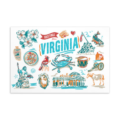 A square art print featuring a colorful hand-drawn collage of Virginia-themed illustrations, including the word 'VIRGINIA' in large teal letters, flowers, a crab, oyster, drum, cannon, statue, horse, and other coastal and cultural motifs on a white background.
