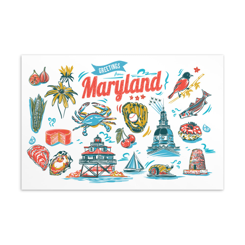 A square white art print featuring colorful hand-drawn Maryland-themed illustrations, including the Maryland state flag, crabs, corn, fish, a lighthouse, a sailboat, and the words “Greetings from Maryland.”.