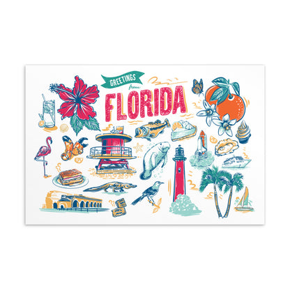 A rectangular white art print or postcard featuring colorful hand-drawn Florida-themed illustrations, including palm trees, a lighthouse, an orange, a hibiscus flower, a flamingo, a turtle, a boat, and the words “Greetings from Florida.”.