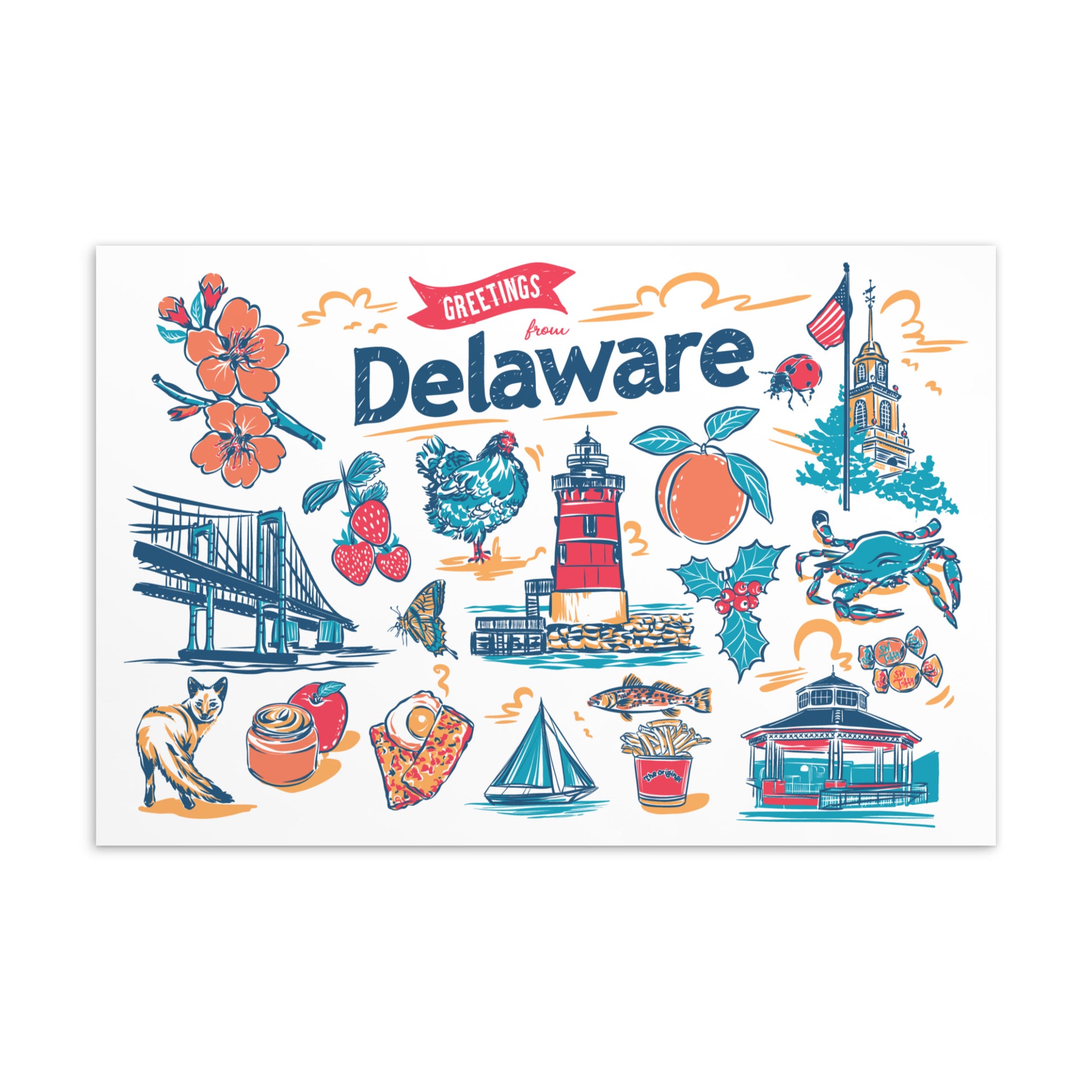 A Delaware-themed art print or postcard featuring colorful hand-drawn illustrations of local landmarks, food, flowers, and symbols, with the word 'Delaware' and 'Greetings' at the top, shown on a white background.